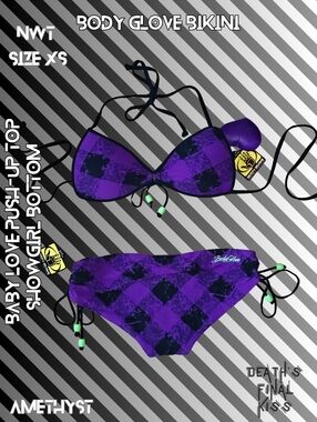 Body Glove Amethyst Black Plaid Bead Baby Love Push Up Showgirl Cheeky Bikini XS
